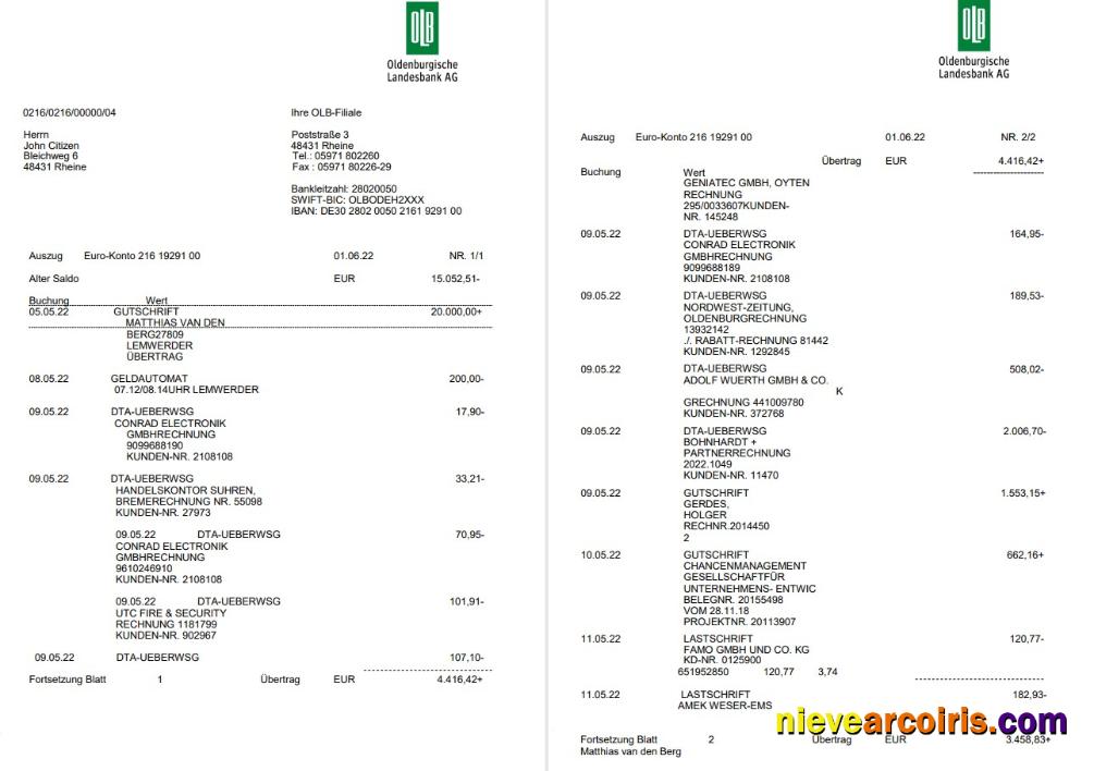 Germany Oldenburgische bank statement on Deutsch, 3 pages